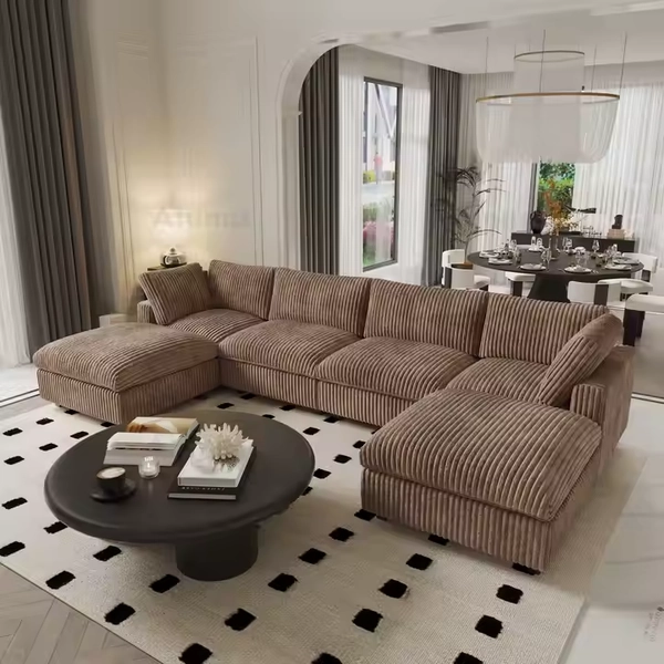 ATUNUS Italian Luxury Vintage Washable L Shaped Modular Sectional Sofa Brown Plush Corduroy Fabric Living Room Couch Set