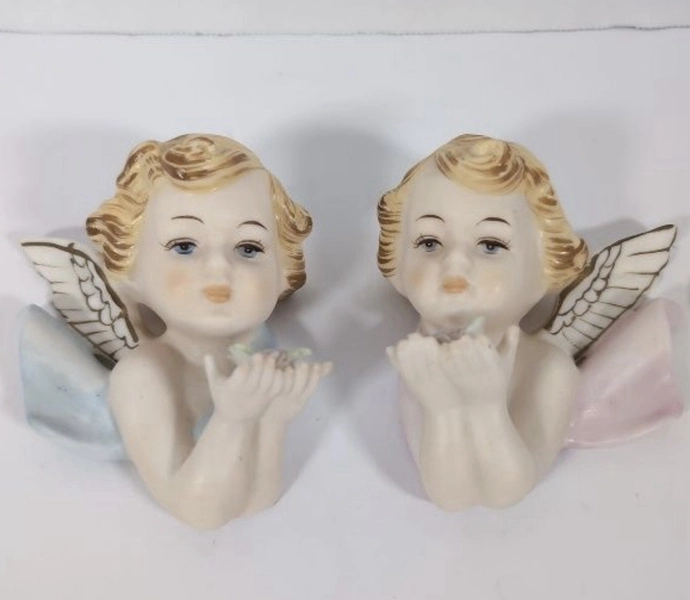 Norcrest Japan Ceramic Cherub Angel Wall Plaques Set of 2 Pink Blue Wings MCM