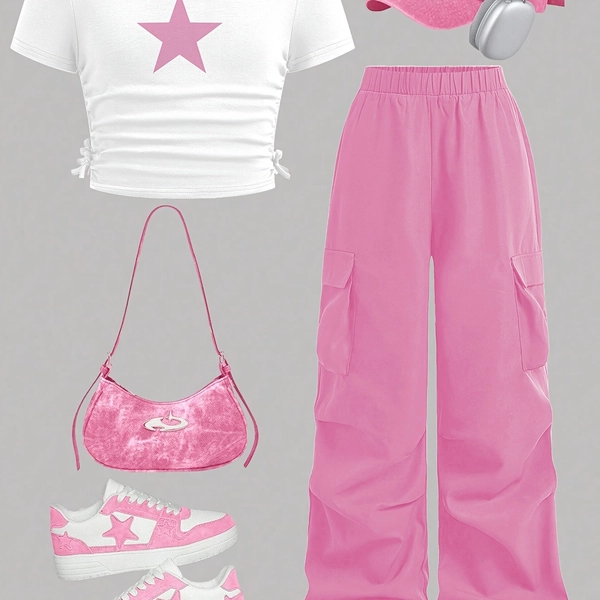 New [two-piece set] Five-pointed star print pattern & 2pcs set Girls' fashion casual round neck short-sleeved slim T-shirt & wide-leg pants fashion suit, summer, Perfect for Outdoor