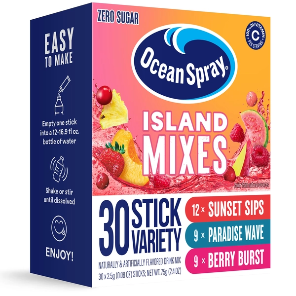 Ocean Spray Zero Sugar Powdered Drink Mix, Island Mix Variety pack, 30 Sticks - Walmart.com