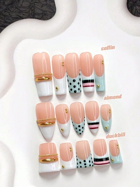10pcs Exquisite Handmade Press-On Nails, Polygel Nail Art Set, Chain Decor & Polka Dot Line Pattern, Blue Nail Polish, French Inspired Luxury Style, Includes Nail Tools, 3 Sizes Available, Almond/Duck/Coffin Shape, Suitable For Party, Dancing, Daily Wear