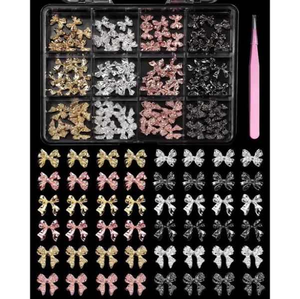 120 Pcs Alloy Bow Nail Charms and Gems, Silver Gold Black Bowknot Metal Nail Art Charms, Shiny Luxury Cute Bow Nail Jewelry for Nails Design Manicure