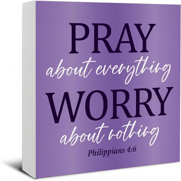 1pc 5*5inch(12.4*12.4cm) Purple Office Desk Accessories - Inspirational Christian Desk Sign For Women - Pray About Everything Worry About Nothing Philippians 4:6 Religious Wooden Sign Home Office Cubicle Decor -