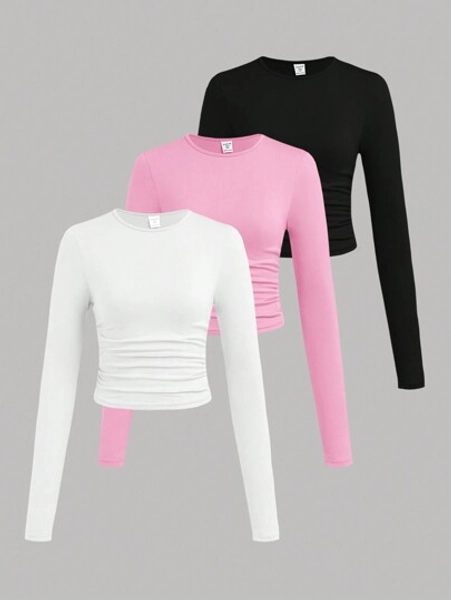 SHEIN Girlism 3pcs/Set Tween Girls Casual Solid Color Crew Neck Ruched Long Sleeve T-Shirts Chic Outfits For Autumn/Winter