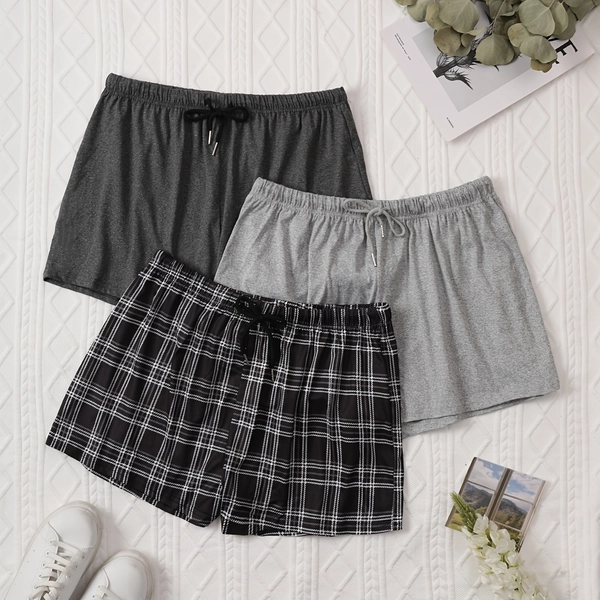 3pcs Women's Plus Casual Lounge Shorts, Plus Size Solid & Plaid Print Drawstring Elastic Waist Home Wear Shorts