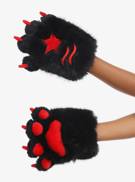 Black & Red Star Fuzzy Cat Paw Gloves