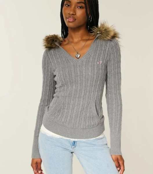 Hollister Women's Faux Fur Trim Cable-Knit Sweater