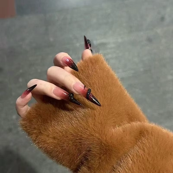 2025 Year of The Snake Handmade Long Tip Press On Nails Spice Girl Dark Red New Year Fake Nail Simple Gradient 3D Snake Nail Art - AliExpress 