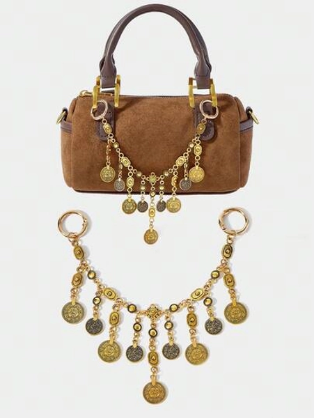 SHECARRY 1pc Vintage Coin Tassel Metal Bag Chain, Bohemian Style Accessory For Vacation, Party
