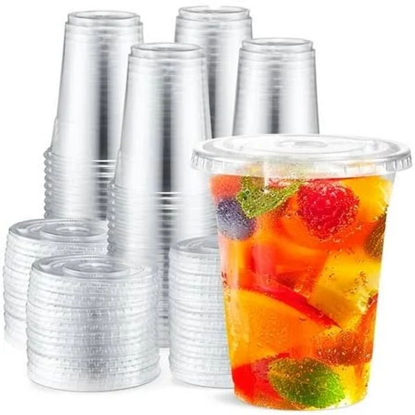 Bagdream 12 oz Clear Plastic Cups with Flat Lids