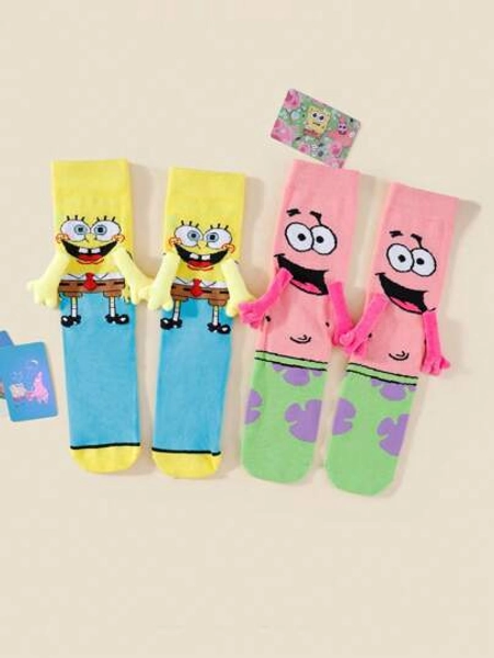 SPONGEBOB 1/2 Pair New Cute Cartoon SpongeBob Unique Magnetic Couple Socks, Japanese/Korean Style Mid-Calf Socks For Lovers & Best Friends, Spring/Autumn