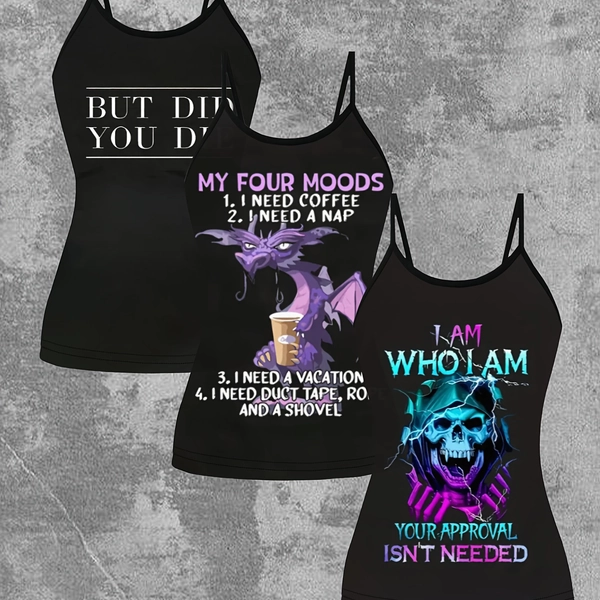 [3pcs Set Women's Crop Top] 3pcs Set Women's Sleeveless Crop Top Tank Tops | New Spring/Summer European and American Camisole with Digital Craft Letters, Purple Dragon Skull Pattern