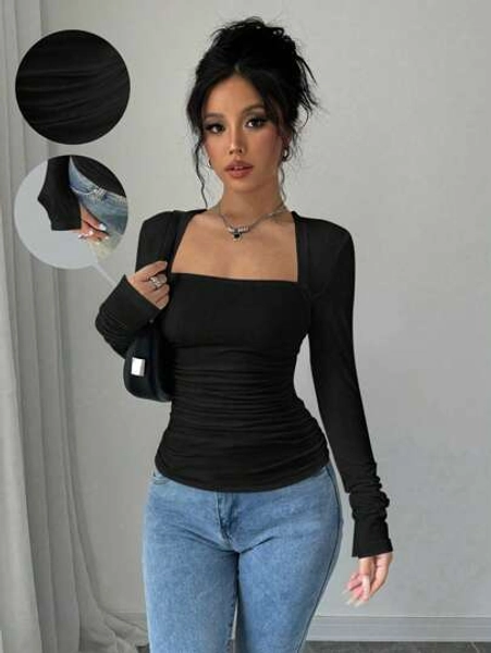 Selianne 1pc Women's White Long Sleeve T-Shirt With Slit Cuffs, Drawstring Waist And U-Neck Fall Cloth For Women