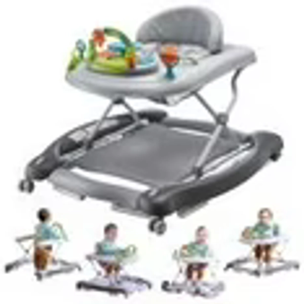 KFFKFF Baby Walker 4 in 1, Foldable Height Adjustable Baby Walker with Wheels, Infant Toddler Walker with Foot Pads, Anti-Fall Baby Walker With Music & Toys Tray for Boys and Girls 6-24 Months