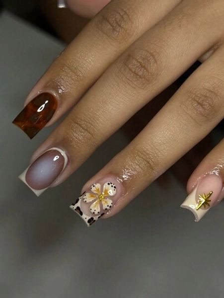 24 Pieces/Set Short Square Autumn & Winter 3D Floral Leopard French Steel Bead Decoration Full Coverage Press On False Nails Suitable For Women And Girls Nail Decoration +1 Jelly Gel + 1 Nail File . Press On Nails Nail Art Supplies Enhance Your Fashion Style!