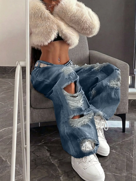 Solid Color Casual Denim Zipper Pocket Distressed