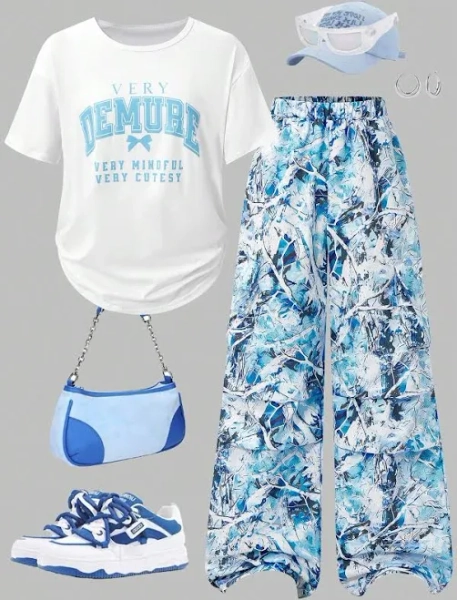 SHEIN Teen Girl Trendy Multicolor Slogan Print T-Shirt and Pants Set