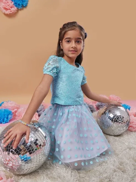 Buy Girls Self Design Top With Skirt Online @ NOZ2TOZ 9-10Y / Blue / Lace & Net