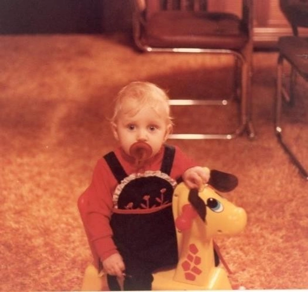 Vtg Found Photo Child Playing w/ Pacifier Giraffe Ride On Toy Snapshot