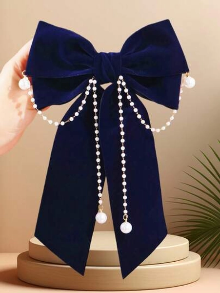 1pc Girls' Fashion Rhinestone Bow Pearl Decor Spring Clip (Random Pearl Quantity)
