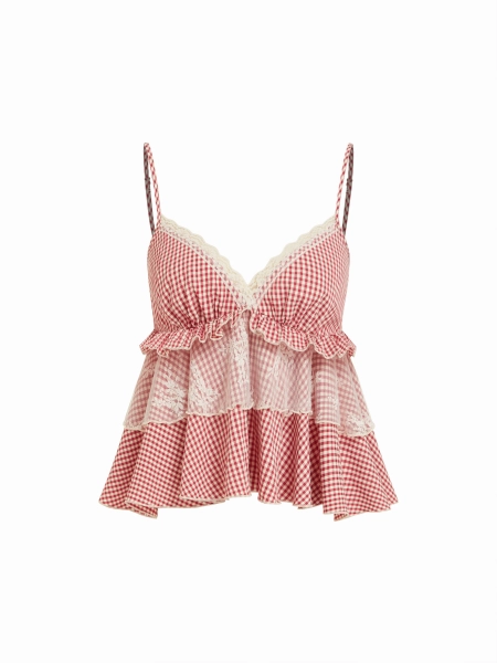 Woven Gingham Sweetheart Lace Panel Ruffle Cami Top For Daily Casual