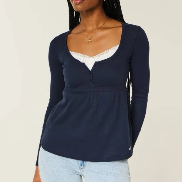 Hollister Women's Easy Tie-Back Henley Babydoll Top