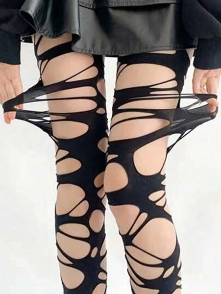 ROMWE Goth Sexy Lady Ripped Fishnet Black Tights