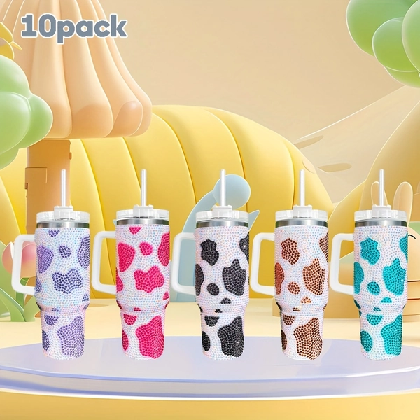 10pcs USA Warehouse Cow Print Rhinestone Bling Studded 40oz Tumbler Outdoor Sports Water Bottle Travel Bling Rhinestone Coffee Cup Cycling Camping Portable Cup with Lid And Straw for Valentine's Day Gifts, Camping Drinkware, Rhinestone Design
