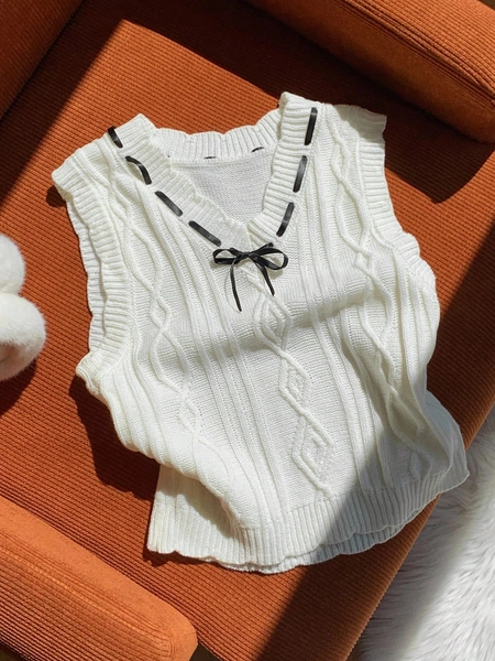 Comfortcana Women's Casual Geometric Pattern Bow Decor Knitted Vest, Autumn,Fall Knit Tops White Vest For Women White Knit Top