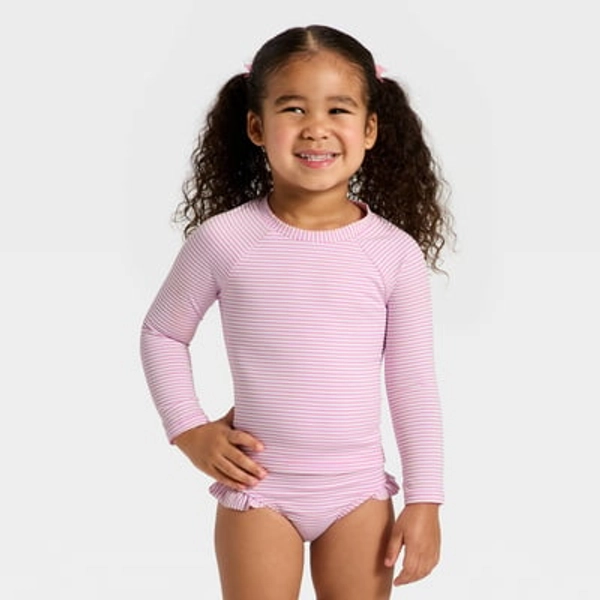 Toddler Girls' Long Sleeve Two Piece Ribbed Rash Guard Swimsuit Set - Cat & Jack™ Pink 3T
