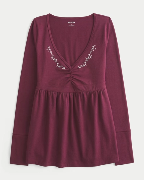 Long-Sleeve Pinch Bust Babydoll Top