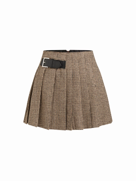 Wool-look Mid Rise Houndstooth Pleated Mini Skirt