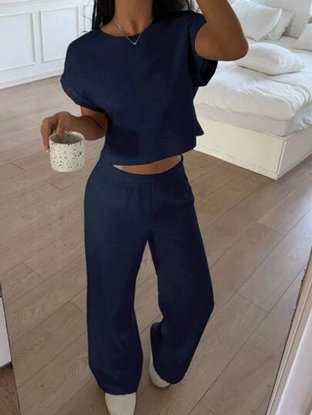 CovetEZ Navy Blue Knitted Women's Round Neck Batwing Short Sleeve Top And Pants Casual Loungewear Set Two Piece Set Women Comfy Two Piece Lounge Set Casual Two Piece Set Comfortable Two Piece Set Casual 2 Piece Set