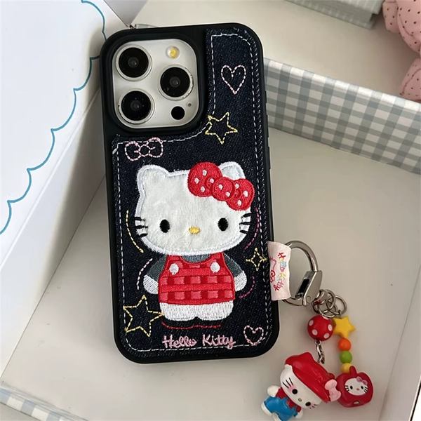 Luxury Denim Leather Pattern Cartoon Hello Kitty Case For iPhone 15 14 13 12 Pro Max 16 Plus 17 Air Love Heart Stars Style Cover - AliExpress 