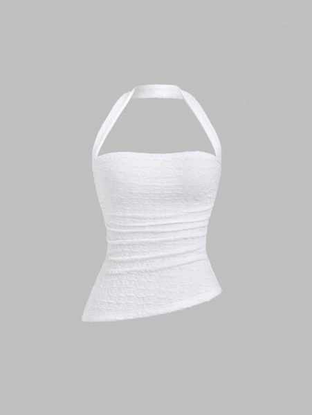 Sweetra Women's Solid Color Asymmetric Ruched Halter Top, Casual Vacation Y2K  - Size M