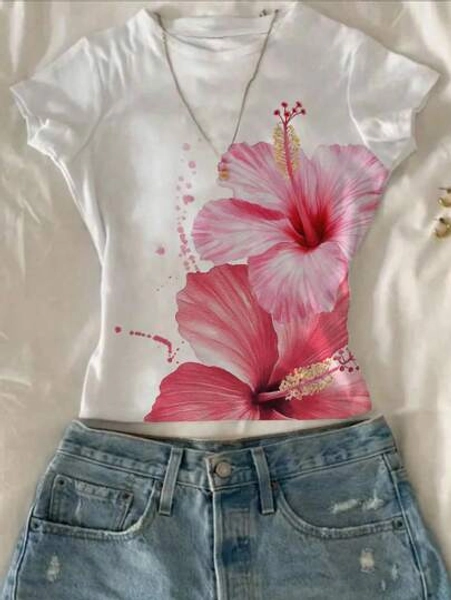 Attitoon Women Summer Floral/Hawaiian Print Short Sleeve Fitted T-Shirt Floral Top Tropical Top Suitable For Going Out
