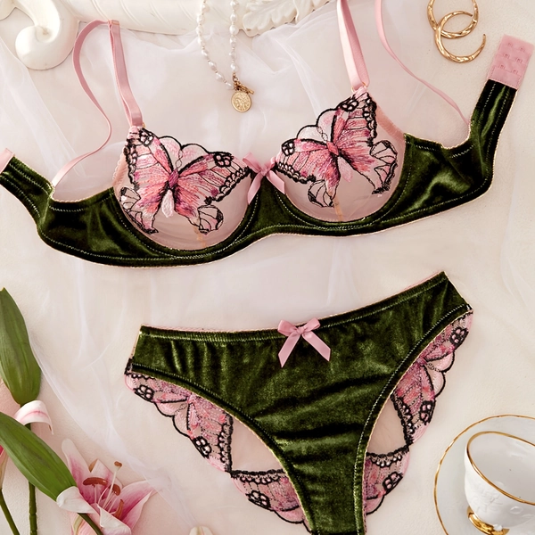 Women 2pcs Lingerie Set Color Contrast Butterfly Embroidery Hollow Out Bra Set Wire-Free Adjustable Straps Sheer Underwear Velvet Panty Lingerie Set