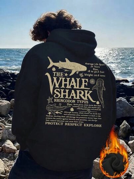 Men's Loose Fit Hoodie With Whale Shark Educational Print, Autumn/Winter New Arrival