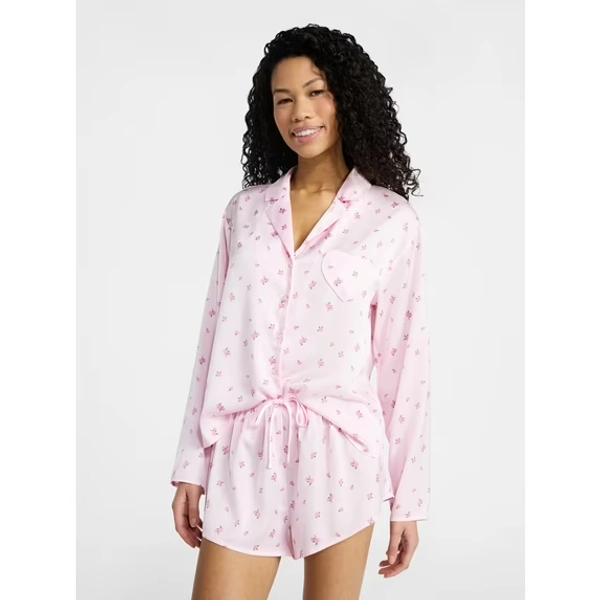 No Boundaries Sleepwear Satin Long Sleeve Button-Up Top and Shorts Set, 2-Piece, Women’s XS-XXL