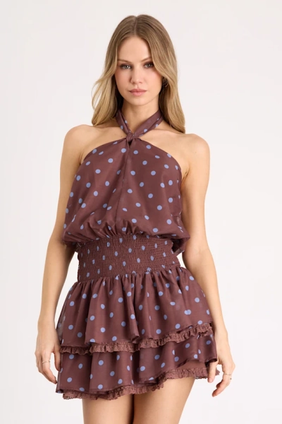 Regan Brown Polka Dot Halter Tiered Mini Dress