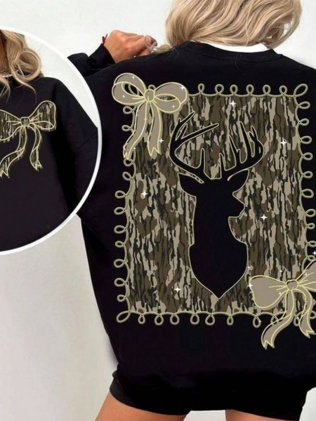 Sweat Shirt Women's Round Neck Sweatshirt, Fun Printed Pattern Sweatshirt, Deer Pattern Camouflage Charming Bow Double-Sided Sweatshirt, College Style Camouflage Bow Shirt, Camouflage Gold Glitter, Deer Hunting, Hunting Season, Girl's Autumn Camouflage Bow, Gift For Her, Women's Autumn Clothing, Local Warehouse, Elegant Women's Loose And Comfortable Valentine Sweatshirts