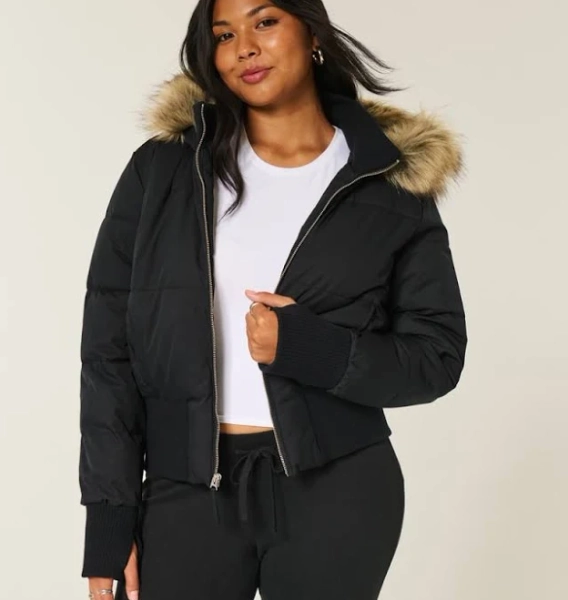 Hollister Women's Faux Fur Trim Puffer Bomber Jacket