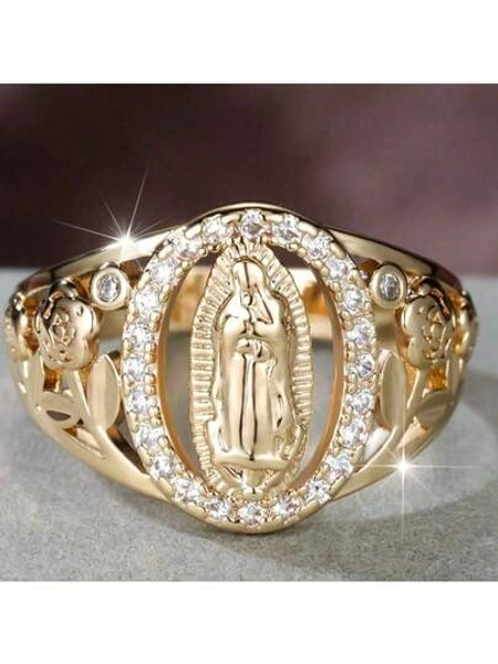 Elegant Golden-Toned Virgin Mary Ring With Zirconia Accents - Perfect For Everyday Wear And Festive Occasions