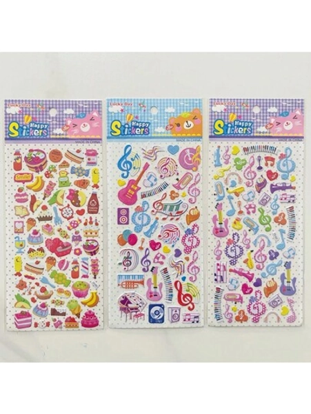 3pcs Reusable Colorful Musical Note And Cake/Bread Stickers - Self-Adhesive For Scrapbook, Notebook, Water Bottle, Classroom Decor And Party Decoration, Random Style,School Supplies,Back To School