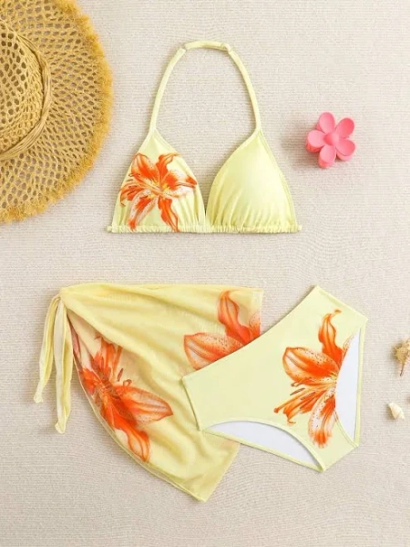 SHEIN Tween Girl Cute Floral Halter Bikini Set