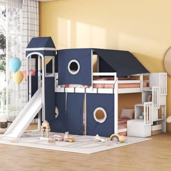 House Bunk Bed with Slide Tent, Tower Loft, Bunk Bed, Stairs Platform, and Stairs Platform