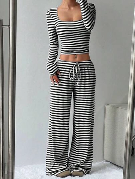 Flirla Women Casual Simple Striped Long Sleeve Top And Pants Set Fall Cloth For Women