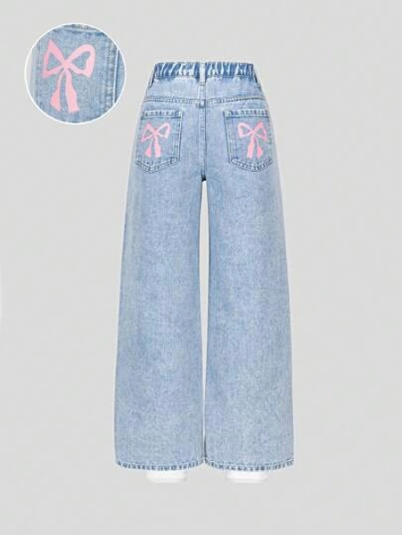 Tween Girls Casual Fashion Light Blue Denim Butterfly Print Pockets Loose Wide Leg Comfortable Everyday Relaxed Fit Washed Denim Jeans Girls Wide Leg Jeans With Bows Summer Holiday Fall Winter