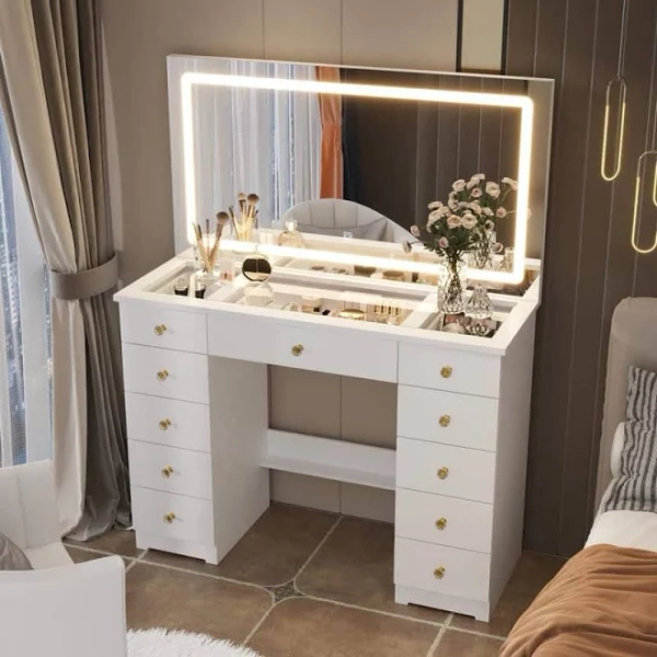 FUFU&GAGA 11-Drawers Wood Makeup Vanity Desk with Big Lighted Mirror