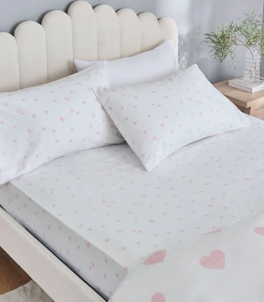 Next White/Pink Heart Fitted Sheet and Pillowcase Set